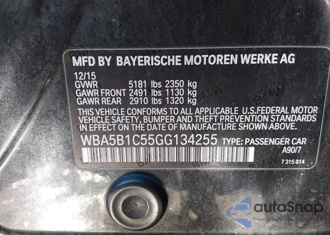 2016 BMW 535I from USA, damaged, VIN WBA5B1C55GG134255